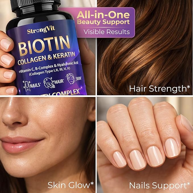 Biotin with Hyaluronic Acid, Keratin and Collagen Supplements - 10000mcg for Hair Growth Women and Men - Hair Skin and Nails Vitamins - 60 Capsules