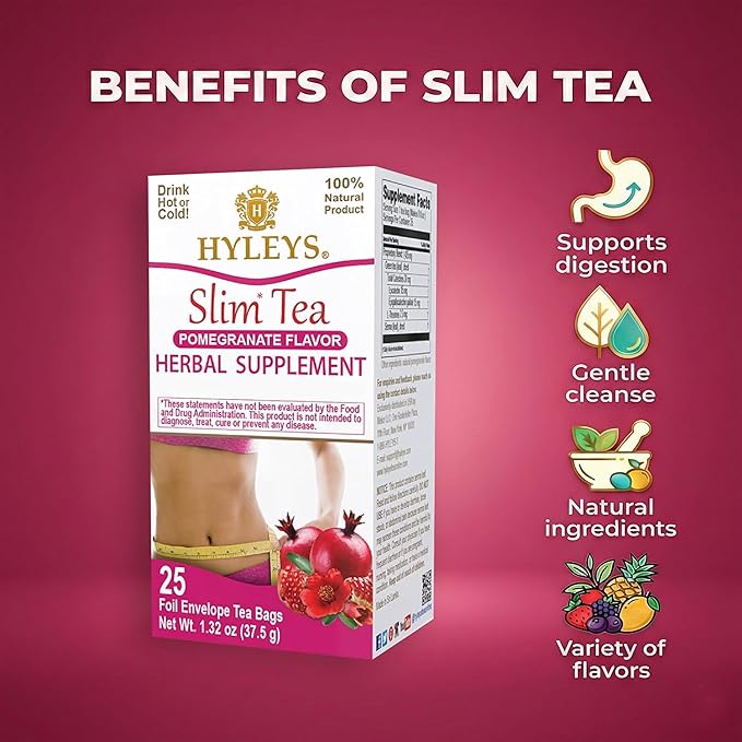 Hyleys Slim Tea Pomegranate Flavor - Weight Loss Herbal Supplement Cleanse and Detox - 25 Tea Bags (6 Pack)