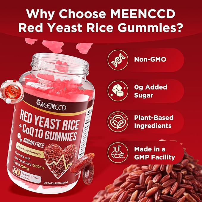 MEENCCD 2 Pack Red Yeast Rice with CoQ10 Gummies, Red Yeast Rice Supplement with Coenzyme Q10 for Overall Well-Being, Sugar Free, Vegan, Raspberry Flavor, 120 Count