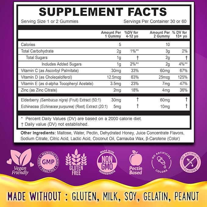 OH MY CHEWY Elderberry Gummies Immunity Support - Real Honey and Lemon Immune Supplement for Kids & Teens with Vitamin C, Echinacea, and Zinc - 60 CT