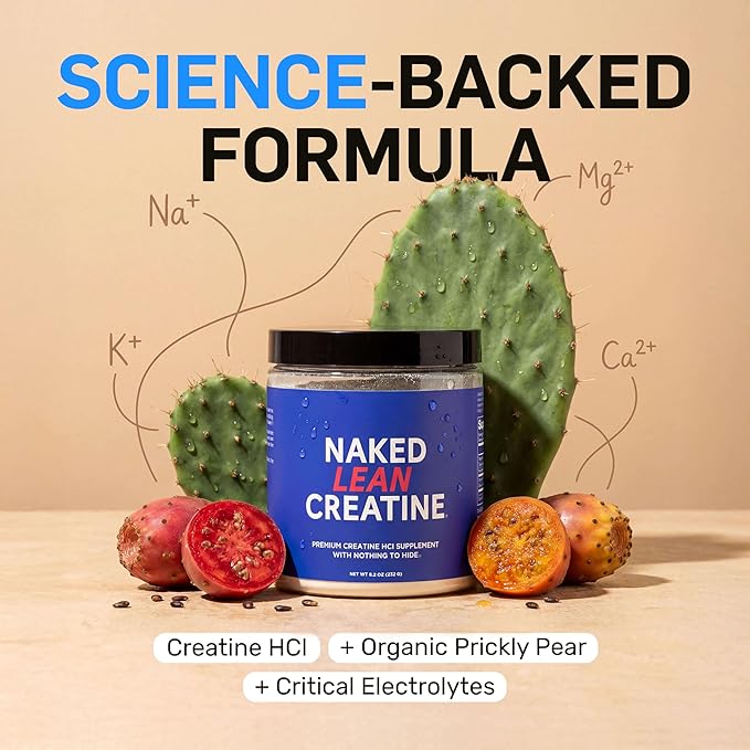 NAKED Lean Creatine HCl Powder, 100 Servings - Con-Cret Creatine Hydrochloride with Organic Prickly Pear Extract, Electrolytes - Muscle Growth, Strength & Cognitive Support - Unflavored