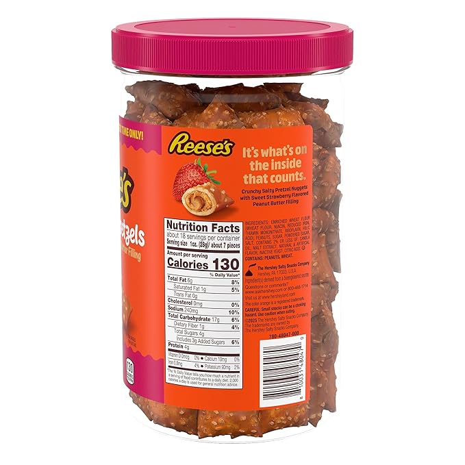 Reese's Filled Pretzels, Peanut Butter and Strawberry Flavored Pretzel Nuggets, Crunchy, Ready to Eat, Sweet and Salty Snack, 18 oz Cannister (Pack of 2)