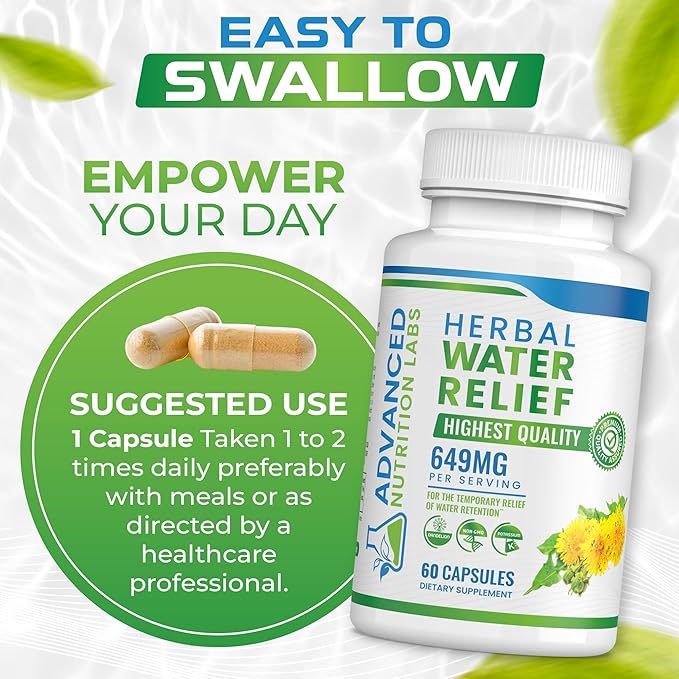 Herbal Water Relief Diuretic Water Pills for Water Retention, Bloating, Swollen Legs, Feet - Dandelion Extract Supplement - Water Retention Loss - Diuretics for Women & Men - 60 Capsules