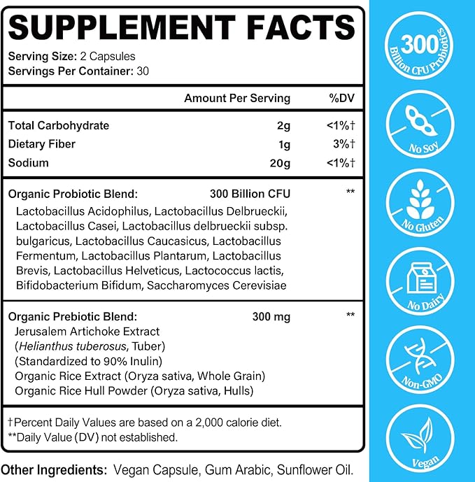 300 Billion CFUs Probiotics for Women & Men - 12 Strains + 3 Organic Prebiotics, Probiotics for Digestive Health & Immune, Gut Health & Bloating, Gut Health for Women & Men - 60 Capsules