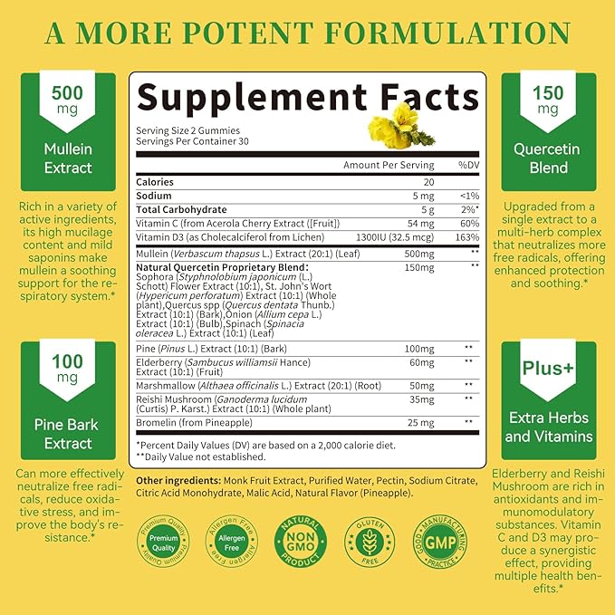 (2 Pack) 9 in 1 Mullein Gummies for Lung Cleanse & Lymphatic Drainage*, Extra Strength Mullein Leaf Extract w/Quercetin, Bromelain, Elderberry & Marshmallow for Respiratory & Immunity,Vegan,120 Count