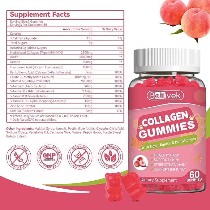 Collagen Gummies for Women & Men - Hydrolyzed Collagen Peptides Type I II III V X | 60 Cts with Biotin, Hyaluronic Acid & Vitamins C D B12 A E | Boost Skin Hair Nails, Bone, Digestive & Immune Health