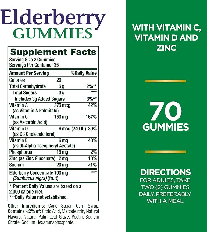 Nature's Bounty Elderberry Gummies, Dietary Supplement, Supports Immune Health, Contains Vitamin A, C, D, E and Zinc, 100 mg, 70 Gummies (Pack of 2)