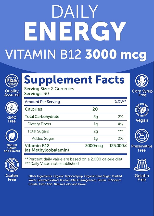 Lunakai USA Made Vegan Energy Gummies – Daily Energy Supplements – 3000mcg Vitamin B12 Gummies for Women & Men – for Home or On‑The‑Go Use - 3 Pack