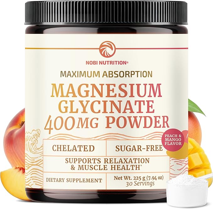 Magnesium Glycinate Powder 400MG | Sleep & Relaxation Support | Peach Mango Flavor, Sugar-Free | High Absorption Chelated Magnesium Powder | Vegan, Gluten-Free, Non-GMO | 30 Servings | 225g (7.94oz)