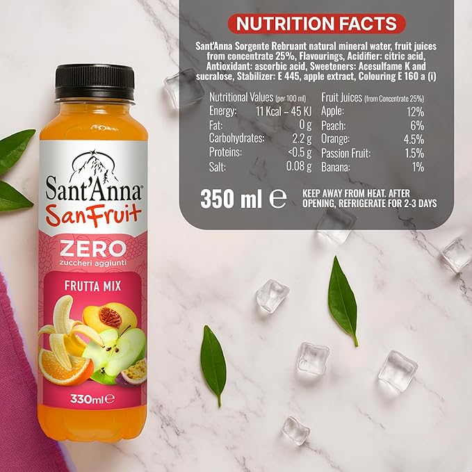 Sant’Anna SanFruit Mixed Fruit Drink 11.15 Fl Oz (12-Pack) | Italian Beverage with Real Juice (Apple, Peach, Orange, Passion Fruit, Banana) | Made with Natural Mineral Water from the Italian Alps | No Added Sugar, No Preservatives