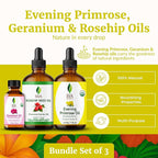 SVA Evening Primrose, Geranium, and Rosehip Oil 4 oz Bundle Super Saver Combo – Premium Grade Bundle Set for Hair Oiling, Scalp Massage, Hair Care, Face, Skin Care and Body Massage