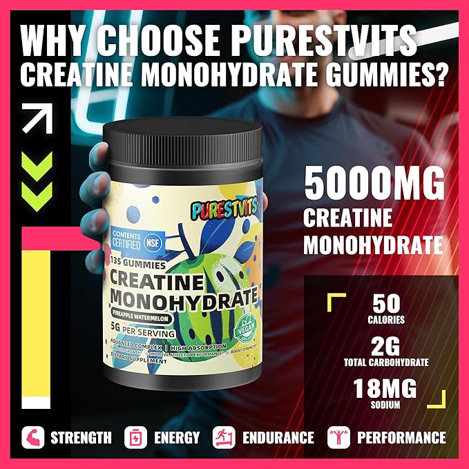 NSF Certified Creatine Gummy 5g - Creatine Monohydrate Gummies – Pre-Workout Energy & Muscle Growth Support for Men & Women | Pineapple Watermelon Electrolyte Gummies (135 Count)