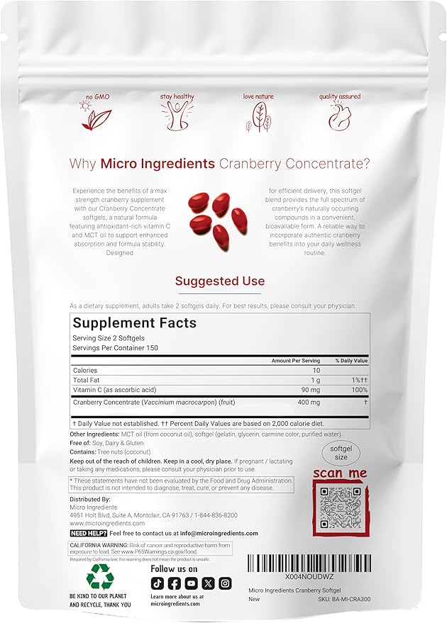 Micro Ingredients Cranberry Supplement for Women | 300 Softgels with Vitamin C & MCT Oil | Cranberry Pills for Women Support Urinary Tract Health*