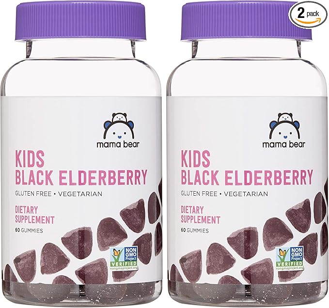 Amazon Brand - Mama Bear, Vegetarian Kids Black Elderberry Gummies 300 mg with Vitamins C, D, E and Zinc - Immune System Support - 60 Gummies (1 to 2 Month Supply), Non-GMO, Gluten Free (Pack of 2)