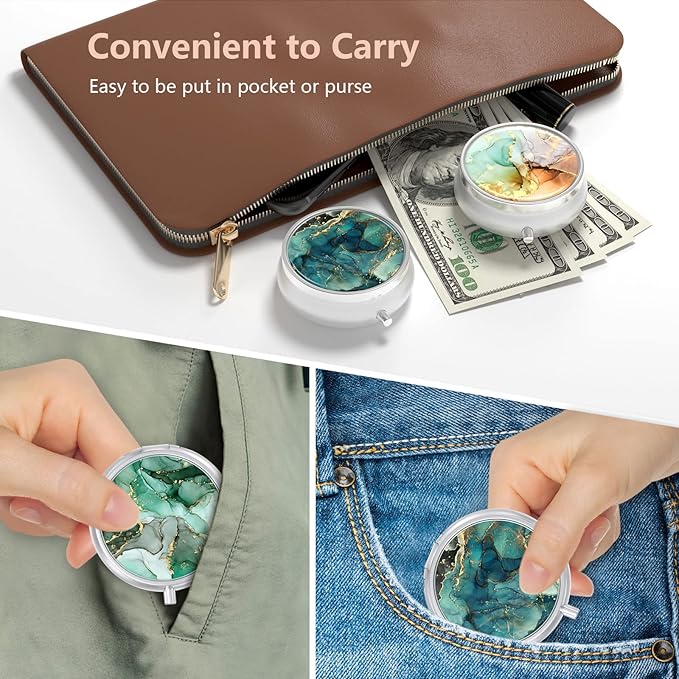 3 Pack Pill Box, Small Pill Case for Purse & Pocket, Cute Travel Medicine Organizer, Portable Medicine Container Holder to Hold Vitamins, Medication, Fish Oil & Supplement, Ink Texture
