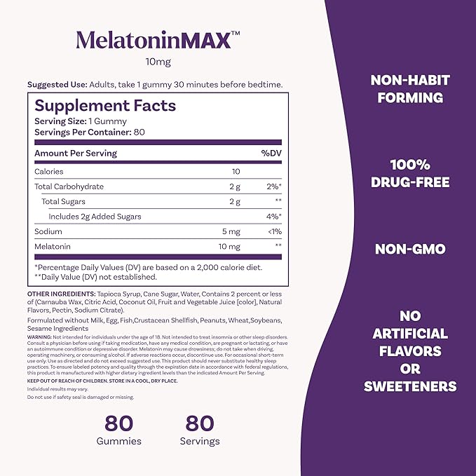 Natrol Melatonin 10mg Sleep Aid Supplement, 80 Count MelatoninMax Gummies, Blueberry Flavor, 10 mg Melatonin Gummies for Occasional Sleeplessness, 80 Day Supply