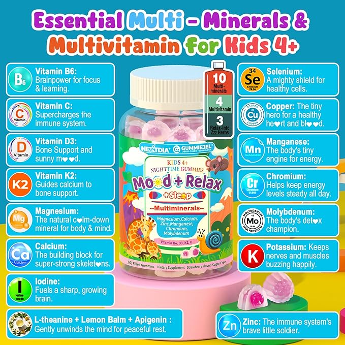 Kids 4+ Magnesium + Saffron Sleep Gummies, Relax Happy Filled Gummy, Bedtime Calcium Zinc, Mineral + Multivitamin Gummies, Melatonin Free | Vitamin D3 K2 | Bone, Only Need 1 Gummy - Sweet Dream Magic