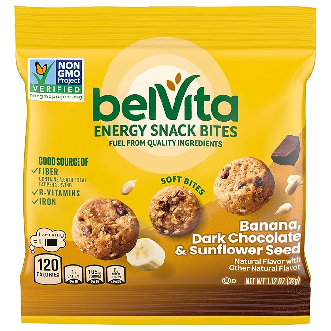 belVita Energy Snack Bites Variety Pack, Banana Dark Chocolate & Sunflower Seed, Blueberry & Sunflower Seed, 15 Snack Packs