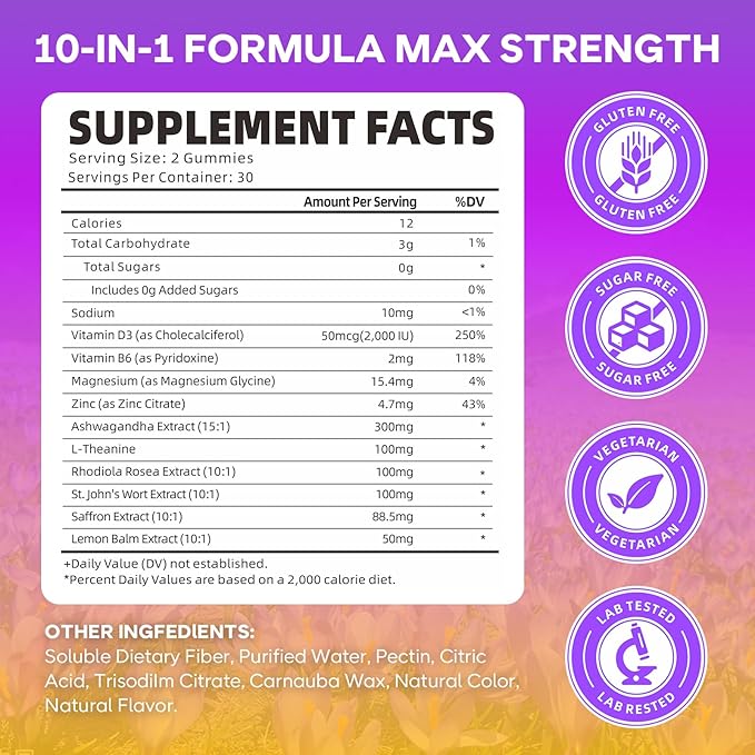 Saffron Gummies for Kids & Adults, 10-in-1 Saffron Supplements with 88.5mg Saffron Extract Support Calm Mind & Focus & Zzz, Sugar Free, Pineapple Flavor, 60 Count