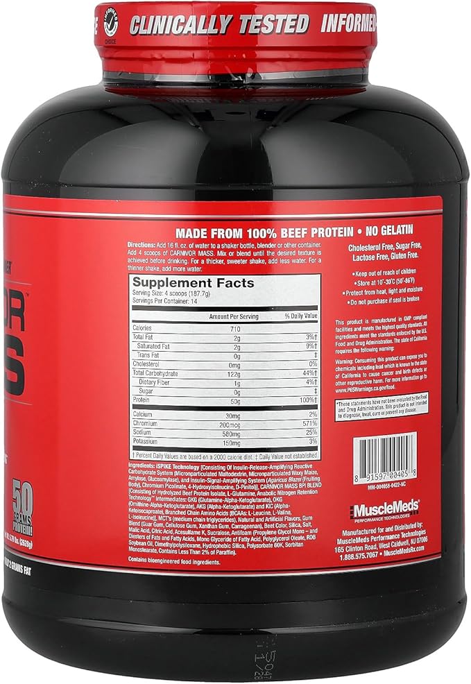 MuscleMeds Carnivor Mass Anabolic Beef Protein Gainer, Strawberry, 6 Pound