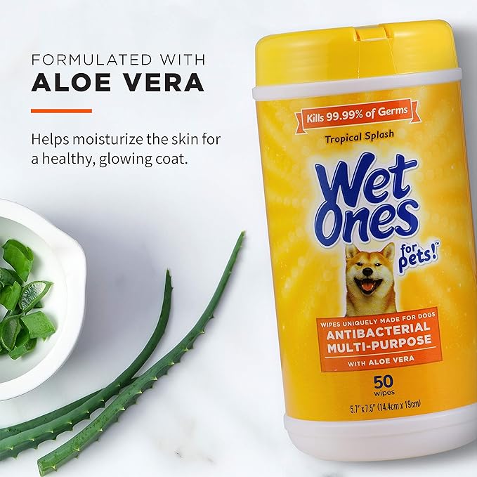 Wet Ones for Pets Antibacterial Dog Wipes, Multi-Purpose Grooming Wipes with Aloe Vera for Paws, Face & Body, Easy Cleanups Between Baths, Tropical Splash Scent, 5.7 in x 7.5 in, 50 Count