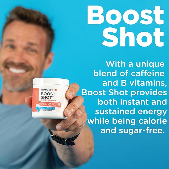 TransformHQ Energy & Focus Powder (Peach Mango) - Boost Shot Clean Energy Drink Mix - Sugar Free - Non-GMO, Gluten-Free - 28 Servings