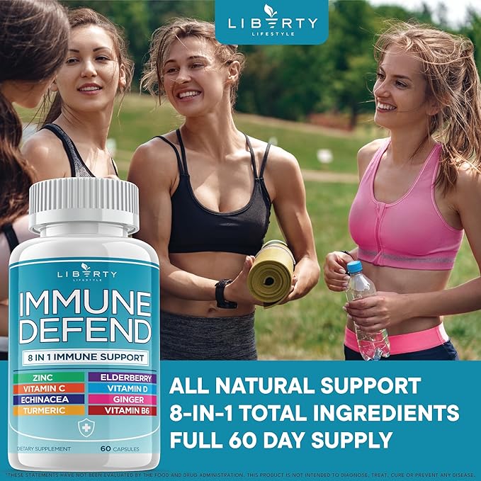 8 in 1 Immune Defense Support, Immunity Vitamins Supplement Booster Zinc 50mg, Vitamin C Elderberry VIT D3 5000 IU, Turmeric Curcumin & Ginger, Echinacea - Allergy Relief for Kids Adults (2 Pack)