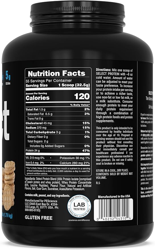 PEScience Select Protein Powder, Whey and Casein Blend, Lean Protein Powder for Women and Men, Low Calorie, Low Carb, Keto Friendly, Gluten Free, Peanut Butter Cookie - 55 Servings