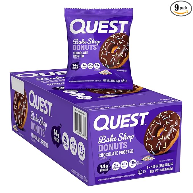 Quest Nutrition Bake Shop, Chocolate Frosted Donuts, 14g Protein, Less than 1g Sugar, Protein Snack, Low Sugar, 9 Count