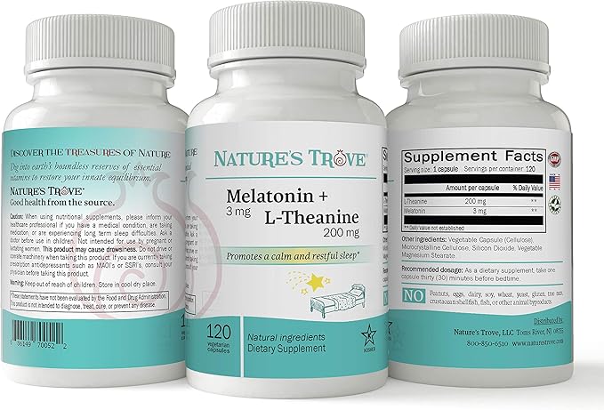 Nature's Trove Melatonin 3mg + L Theanine 200mg – Calm and Relaxation – 120 Kosher Vegetarian Capsules (Pack of 2)