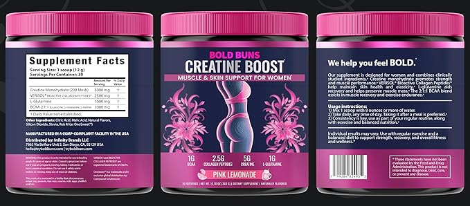 Creatine for Women – Supplement with Collagen & BCAA – Supports Muscle Development, Post-Workout Recovery, Skin Elasticity, Healthy Hair & Nail (30 Servings (1 Pack), Pink Lemonade)