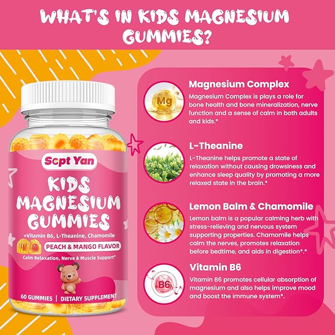 Kids Magnesium Gummies, Magnesium Glycinate Gummies for Kids & Adults with Citrate, L-Theanine, Chamomile, Vitamin B6 for Sleep, Relaxation, Brain & Muscle, Sugar Free Peach & Mango 60ct