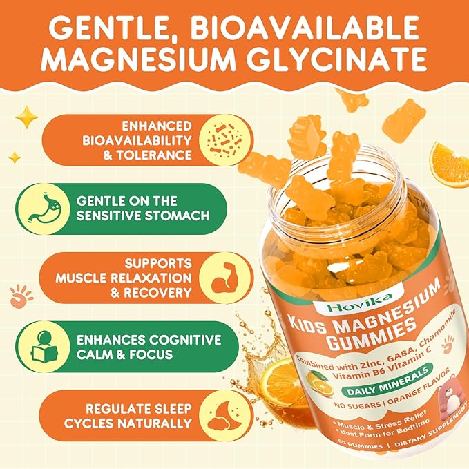 Magnesium Glycinate Gummies for Kids: Calm Magnesium Supplement for Kids & Adults with Zinc Citrate, GABA, Chamomile, Vitamin B6 & C - Sleep, Relaxation & Focus, Orange Flavor 60 Count