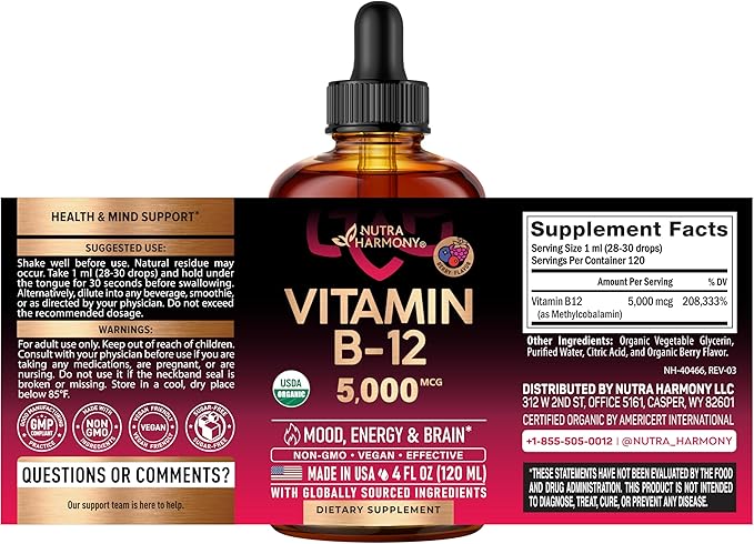 USDA Organic Vitamin B12 Sublingual Drops - 5000 mcg Liquid Vegan Methylcobalamin for Women & Men - Energy Boost, Focus & Mood, Brain Health Support - Maximize Absorption - 4 Month Supply, 4 fl oz