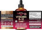 USDA Organic Vitamin B12 Sublingual Drops - 5000 mcg Liquid Vegan Methylcobalamin for Women & Men - Energy Boost, Focus & Mood, Brain Health Support - Maximize Absorption - 4 Month Supply, 4 fl oz
