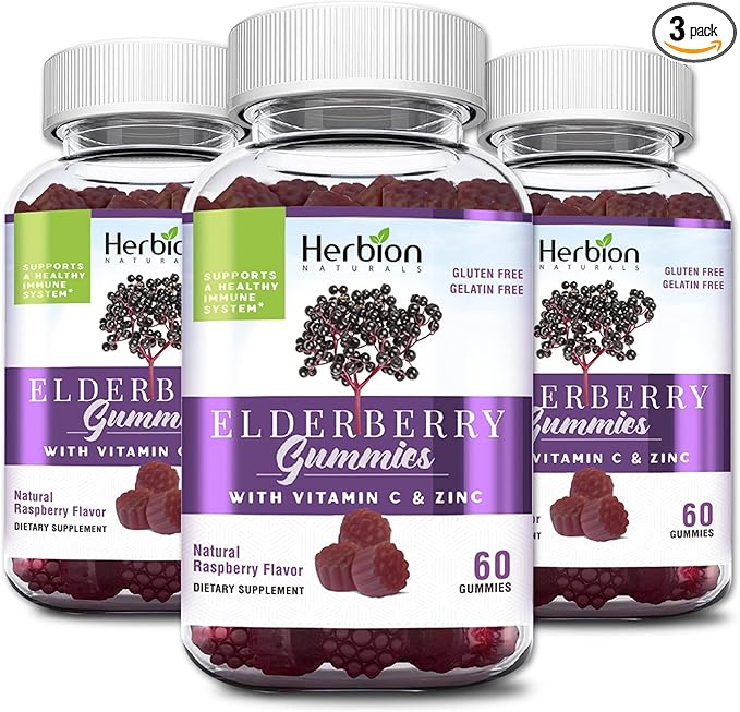 HERBION Elderberry Gummies with Vitamin C & Zinc - Healthy Immune System Support - Gluten-Free & Gelatin-Free - 60 Gummies for Adults & Children 4 Years & Above - Made in USA. (180 Count (Pack of 3)