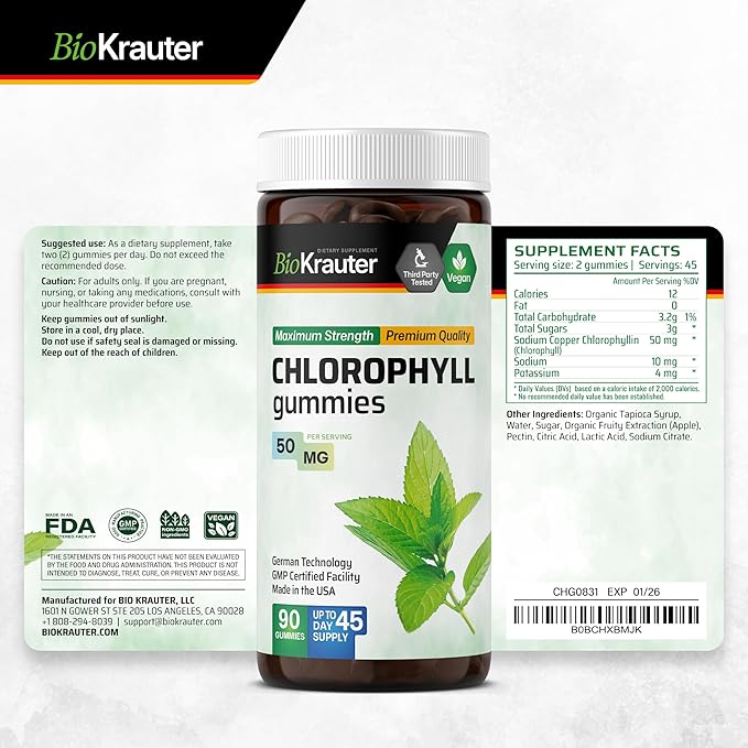 BIO KRAUTER® Chlorophyll Gummies for Body Odor & Detox Support - Vegan Chlorophyll Supplements for Women & Men - Natural internal Deodorant - 90 Detox Gummies, 45 Days of Supply, Apple Flavor, Non-GMO