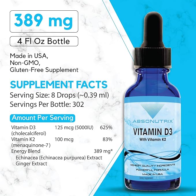 Absonutrix Vitamin D3 K2 Drops, 390mg, 4 Oz Liquid, 302 Servings, Made in USA, Quick Absorption, Quality Potent Ingredients, Non-GMO, GMP Certified, Cruelty-Free Products, Bone Strength Supplements