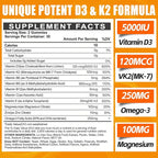 Vitamin D3 K2 Gummies for Adults - Vitamin D3 5000IU + K2 (MK-7) 120mcg - Sugar-Free D3 and K2 Supplements with Omega-3, Methyl B12, B9, B6, Vitamins E & Zinc - for Calcium Absorption & Immune Health