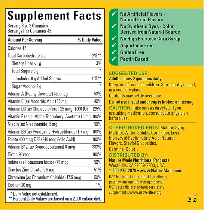 Nature Made Zero Sugar Multivitamin Gummies, Mens & Womens Multivitamins, Daily Nutritional Support Vitamin and Mineral Supplement, Aspartame Free, 90 Gummies, 45 Day Supply