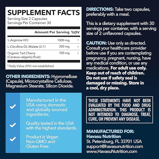 L-Arginine Capsules with L-Citrulline - Nitric Oxide Supplement - L Arginine and L Citrulline Blend - 60 Count - Vegan, Non-GMO Capsules for Performance, Endurance and Muscle Support - 1 Month Supply