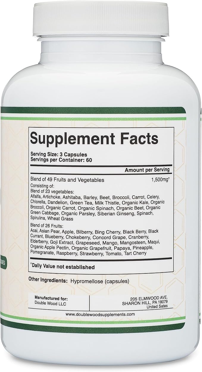 Fruits and Veggies Supplement (Daily Blend of 49 Different Fruits and Vegetables, 23 Veggies and 29 Fruits) 1,500mg Servings, 180 Capsules (No Fillers, Vegan Safe, Non-GMO) by Double Wood