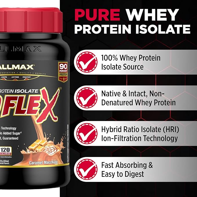 ALLMAX ISOFLEX Pure Whey Isolate Protein Powder - Gluten Free, Low Lactose, Sugar-Free - High-Protein, Clean, Keto-Friendly for Pre Post Workout Supplement for Women and Men | Caramel Macchiato, 2lb