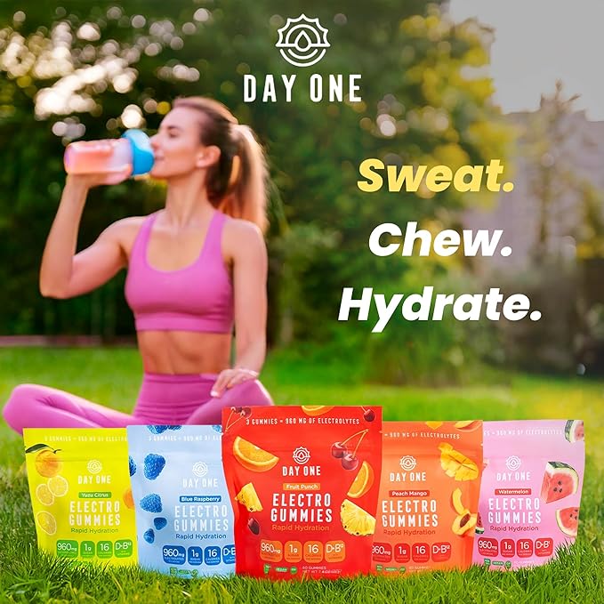 Day One Electrogummies - 60pcs. of Peach Mango Flavored Electrolyte Gummies for Hydration - Packed with Essential Electrolytes Ideal for Workouts, Running, Hiking and More