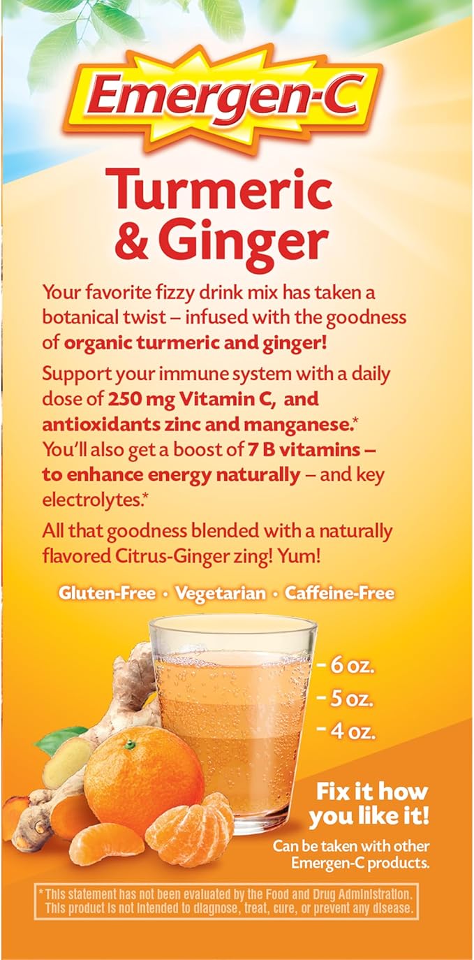 Emergen-C Citrus-Ginger Fizzy Drink Mix, Turmeric and Ginger, Immune Support, Natural Flavors with High Potency Vitamin C, 18 Count