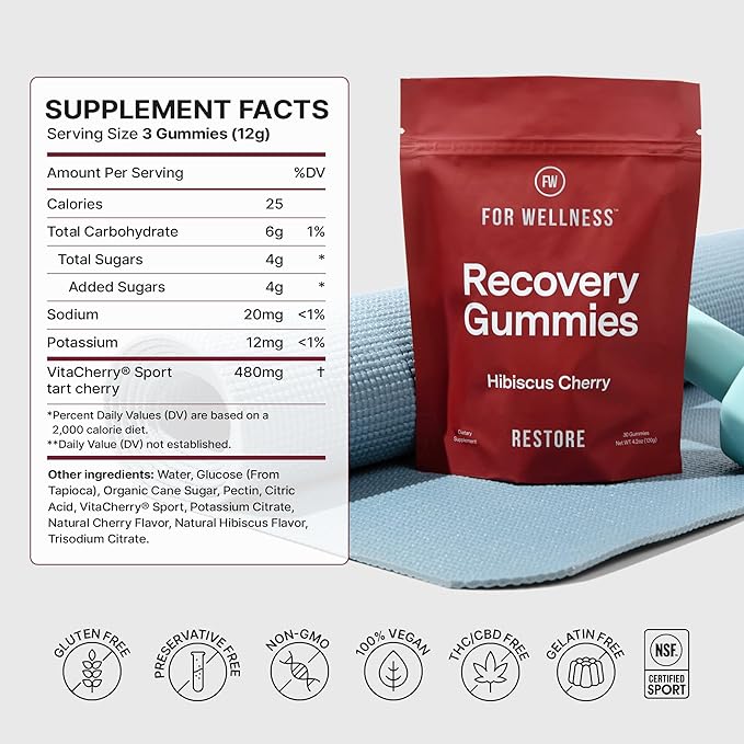 For Wellness Recovery Gummies Restore | Tart Cherry Energy Supplements with Electrolytes for Muscle Soreness, Post-Workout Performance & Recovery | Vegan, Non-GMO, 30 Count