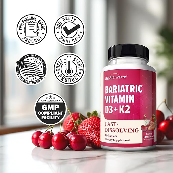 BioSchwartz Bariatric D3 K2 Dissolvable Tablets - 90 Cherry-Strawberry Tablets - Supports Bone Strength - Bariatric Vitamins for Women with Vitamin D3 5000 IU - Third Party Tested, 90 Servings