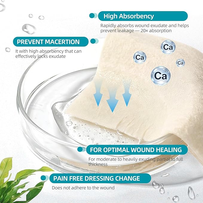 Dimora Calcium Alginate Wound Dressing, 4'' x 4'' Patches, 20 Individual Sterile Bandages, Soft and Highly Absorbent Dressing Gauze, Non-Stick Padding