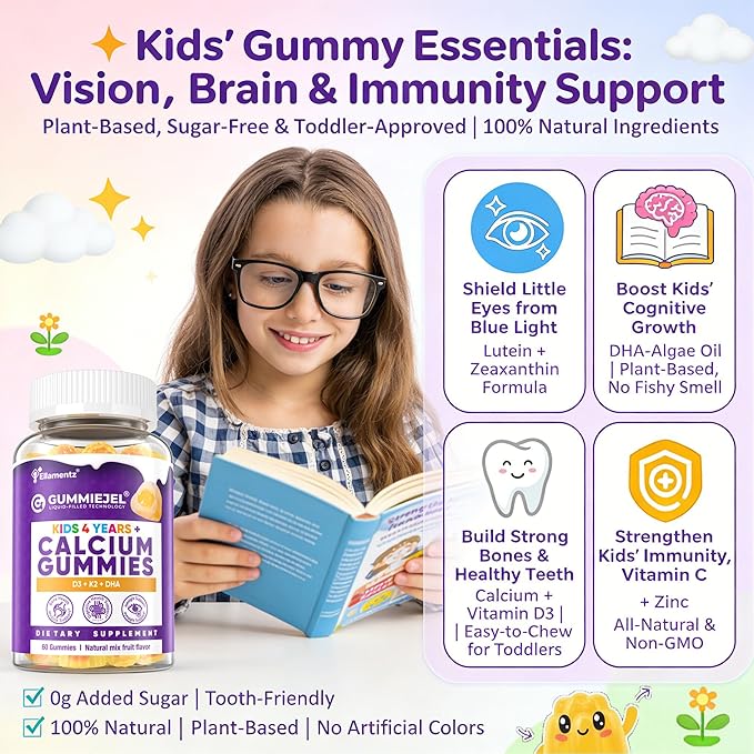 Sugar Free Kids Calcium Gummies (Ages 4-12) - 300mg Calcium Citrate w/Vitamin D3 K2 Magnesium - Algae DHA, Lutein & Zeaxanthin for Strong Bones, Eye & Brain Support - Gelatin Free - 60 Gummies
