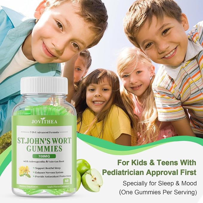 2 Pack St John's Wort Gummies 700mg, Natural Herbal Supplement for Adults & Kids, Support Calm, Relaxation & Brain Health, Vegan, Non-GMO, Gluten Free, Apple Flavor, 120 Count